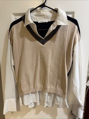 V-Neck Layered Knit Sweater with Shirt Hem - Beige/Black